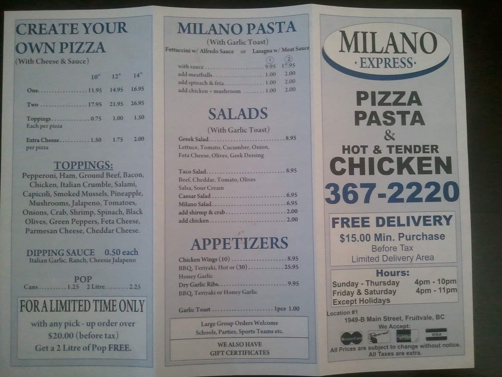 Milano's pizza menu