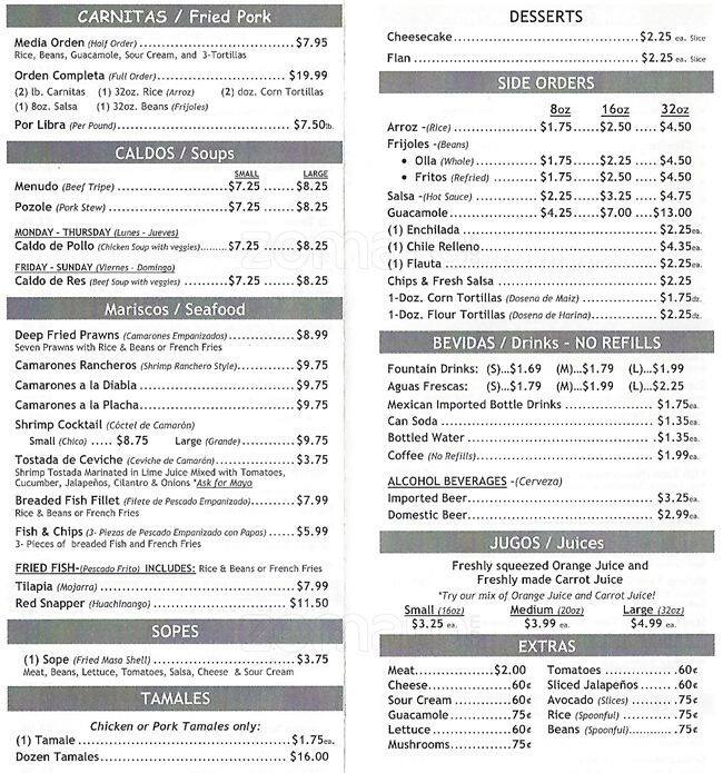 Menu at Taqueria Guadalajara restaurant, San Leandro, E 14th St A