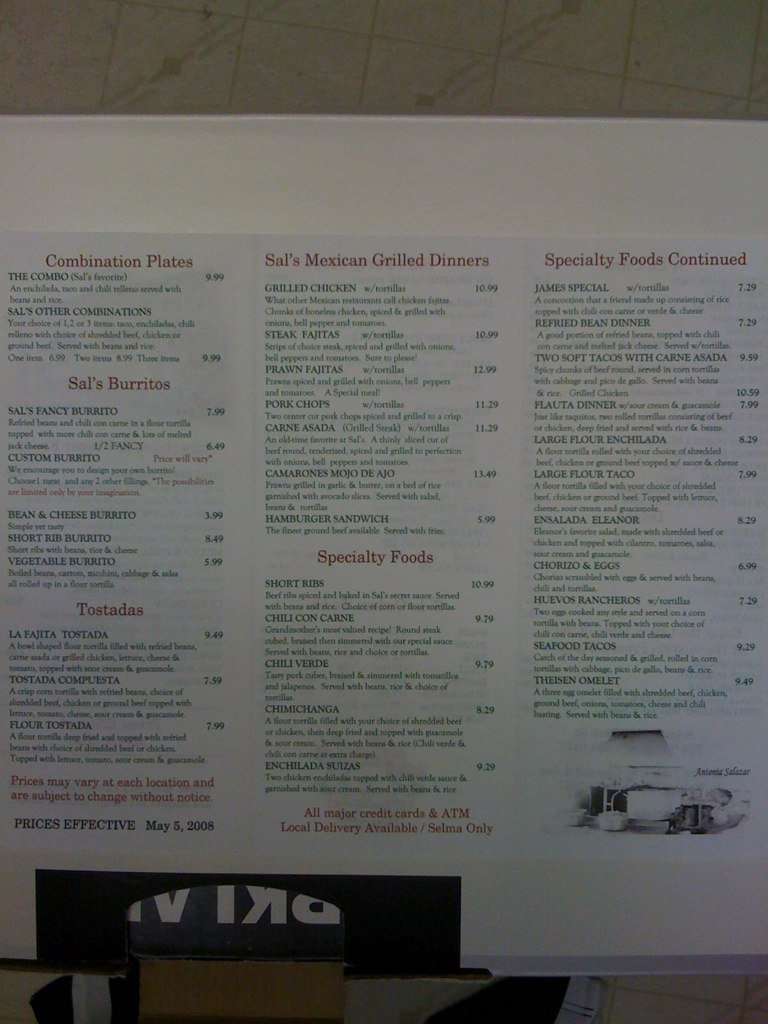 Sal's Mexican Menu, Menu for Sal's Mexican, River Park, Fresno