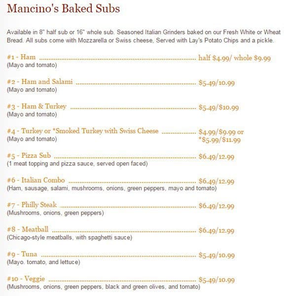 Menu at Mancino's Baked Subs & Pizza pizzeria, Nampa