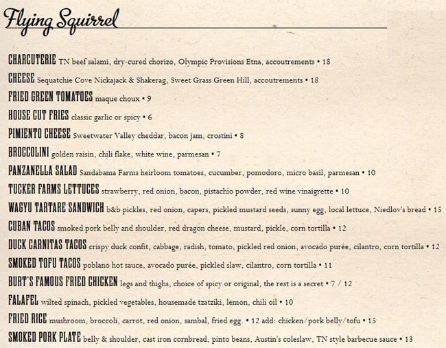 Menu at Flying Squirrel pub & bar, Chattanooga