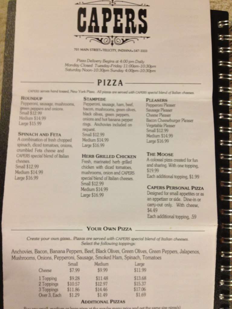 Capers Restaurant Menu, Menu for Capers Restaurant, Tell City, Tell