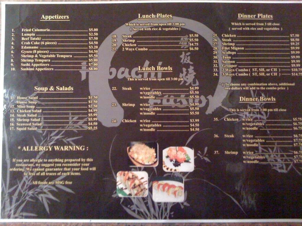 Hibachi Fusion Menu, Menu untuk Hibachi Fusion, Summerville, Charleston