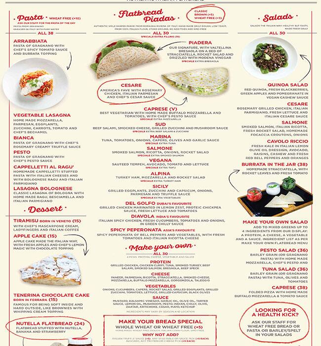 Menu at Piadera Authentic Italian Flatbread restaurant, Dubai, Office 1