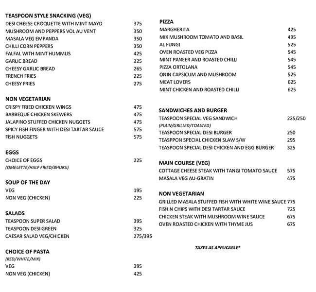 Menu of Teaspoon Garden Cafe, Dhakoli, Zirakpur