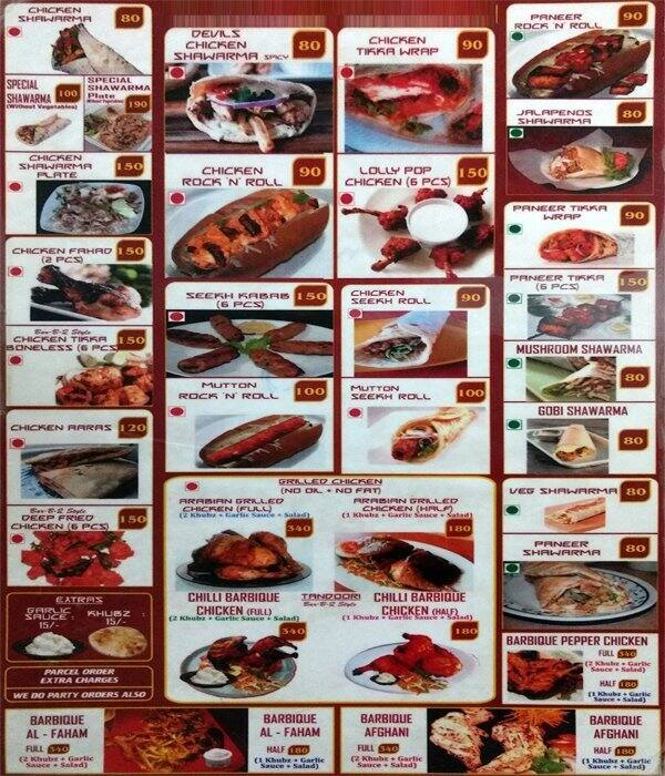 Arabian Grills menu, Menu restauracji Arabian Grills, Purasavakkam