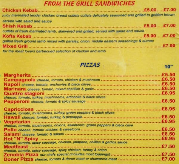 Zenobia menu