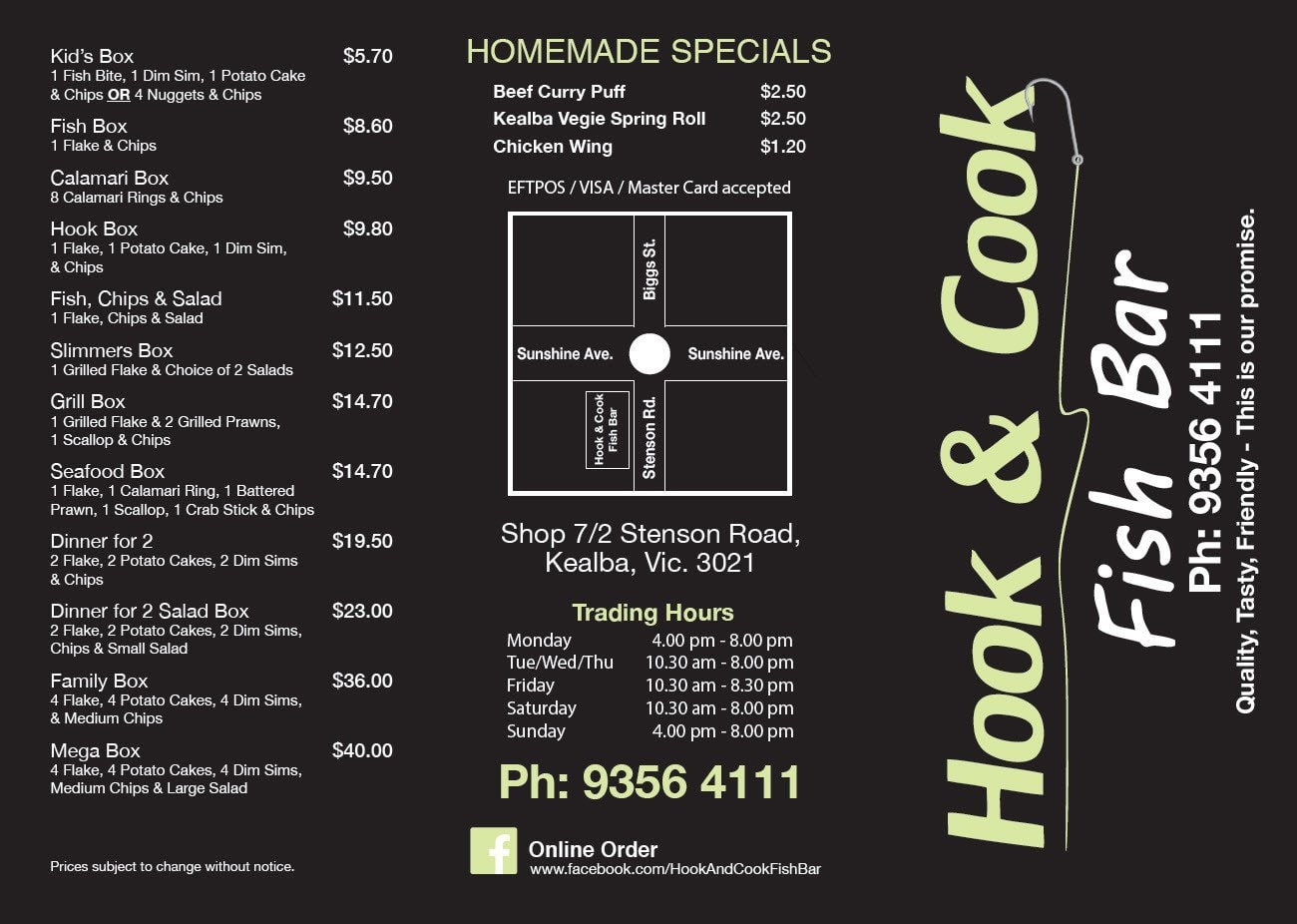 Hook & Cook Fish Bar menu, Menu restauracji Hook & Cook Fish Bar
