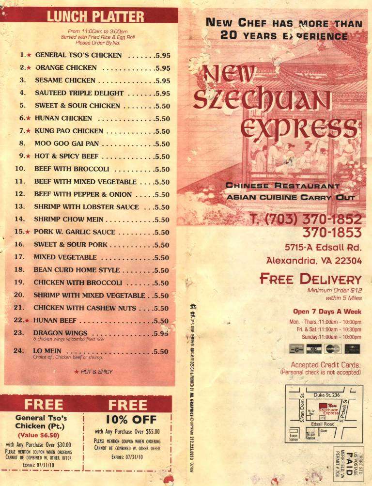New Szechuan Express Menu, Menu for New Szechuan Express, Alexandria