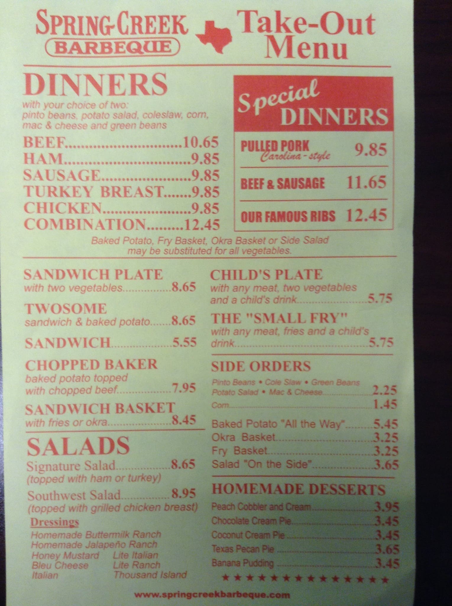 Spring Creek Barbeque Menu, Menu for Spring Creek Barbeque, Arlington