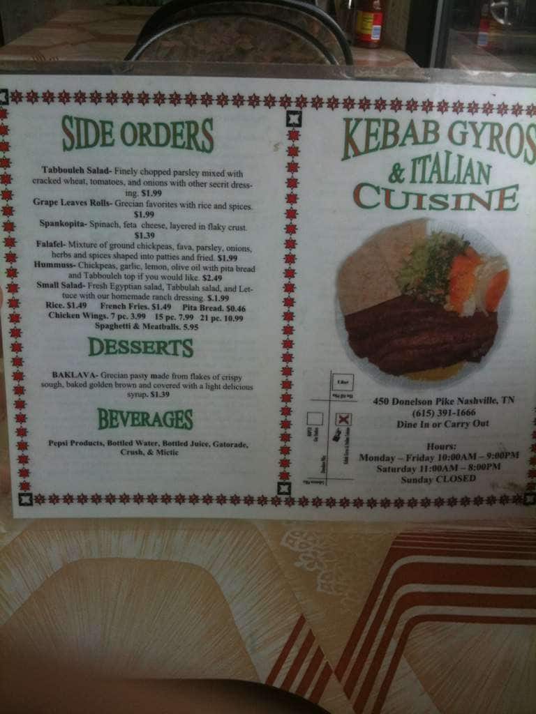 Menu at Kebab Gyros & Italian Cuisine fast food, Nashville