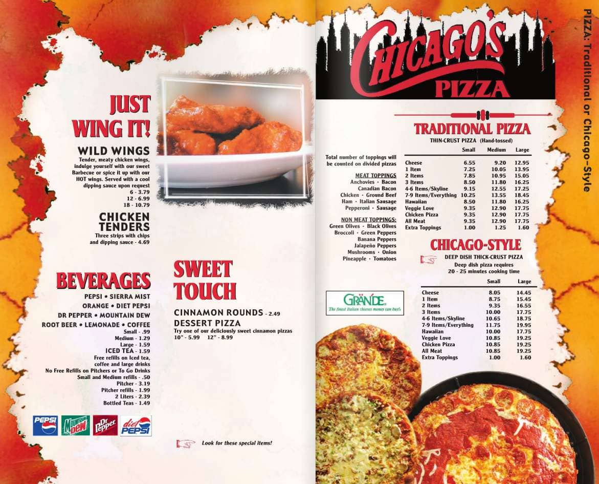 Menu at Chicago's Pizza pizzeria, Tell City