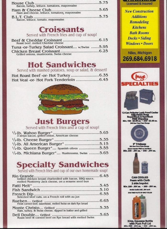 Menu at Mr. Wahoo's restaurant, Dowagiac