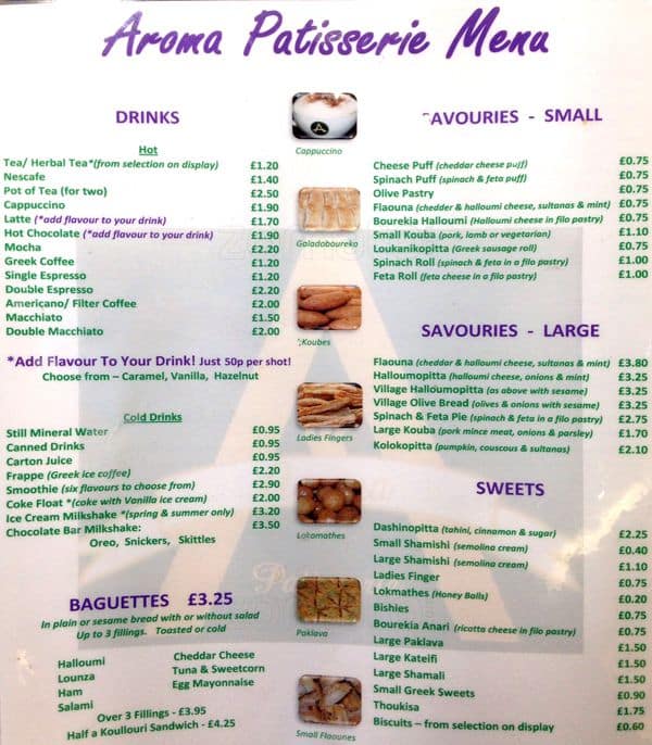 Menu at Aroma Patisserie cafe, London, 424426 Green Lanes