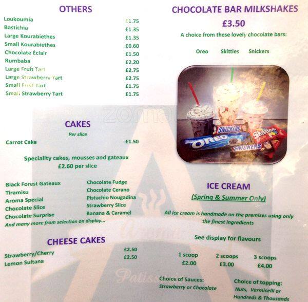 Menu at Aroma Patisserie cafe, London, 424426 Green Lanes