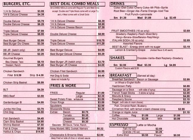 Best Burgers menu, Menu restauracji Best Burgers, Lakewood, Lakewood
