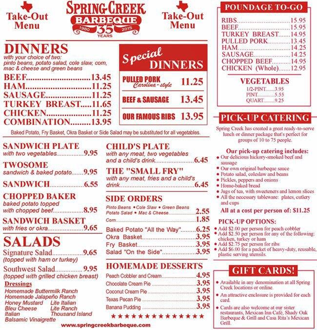 Spring Creek Barbeque Menu Menu For Spring Creek Barbeque Burleson Burleson