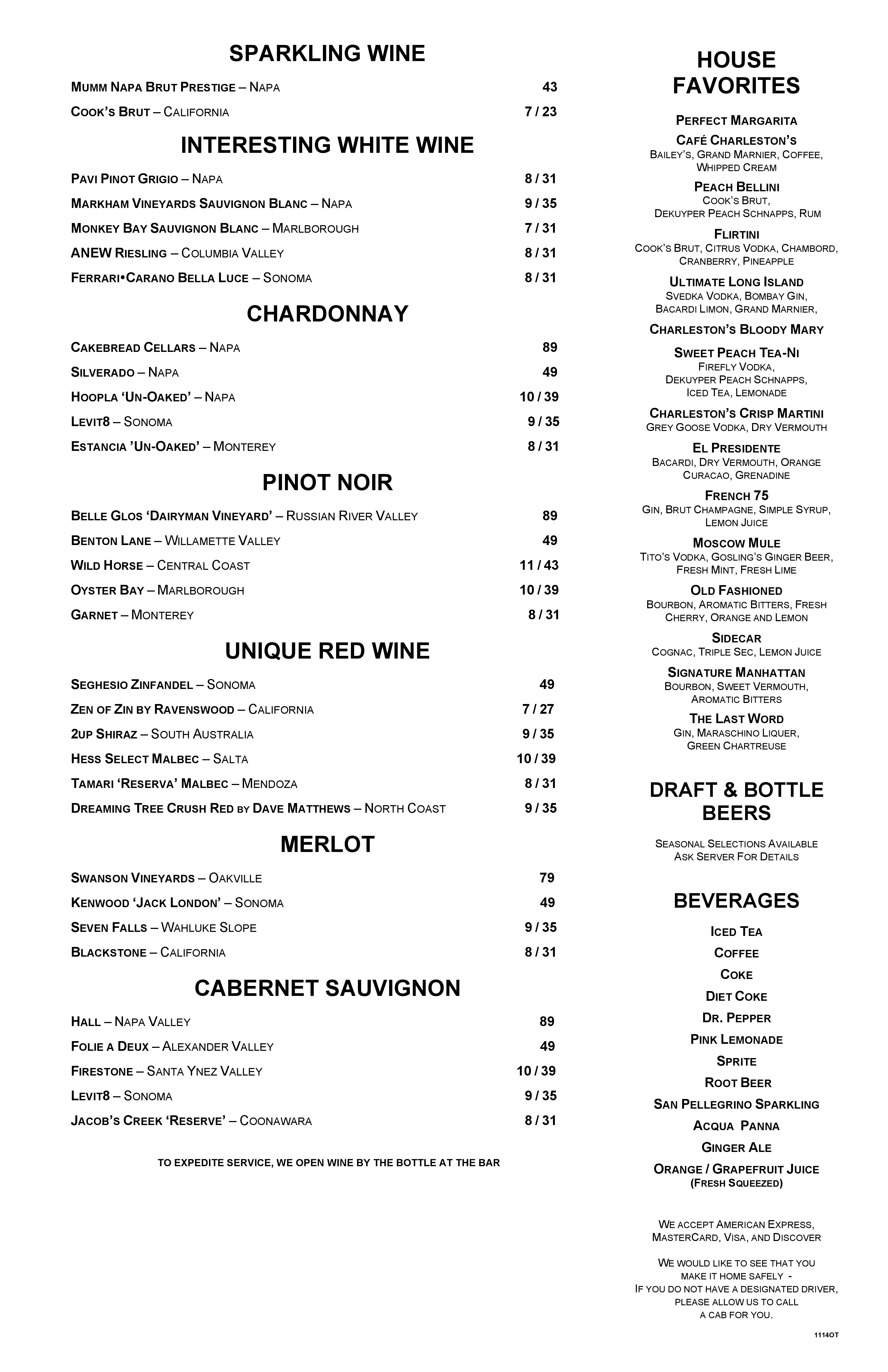 Charleston's menu, Menu restauracji Charleston's, Suburban Northside