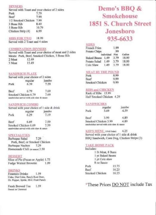 Demo's Barbecue & Smokehouse Menu Urbanspoon/Zomato