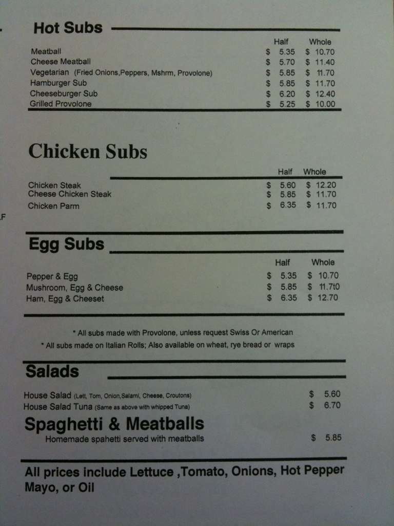 Menu at Pete's Subs restaurant, Egg Harbor Township