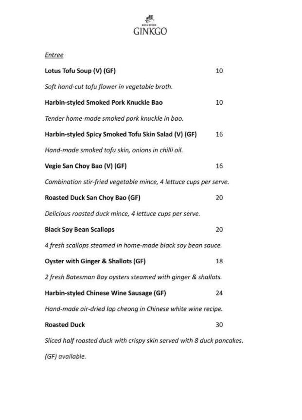 Ginkgo Bar & Dining Menu, Menu for Ginkgo Bar & Dining, Darlinghurst