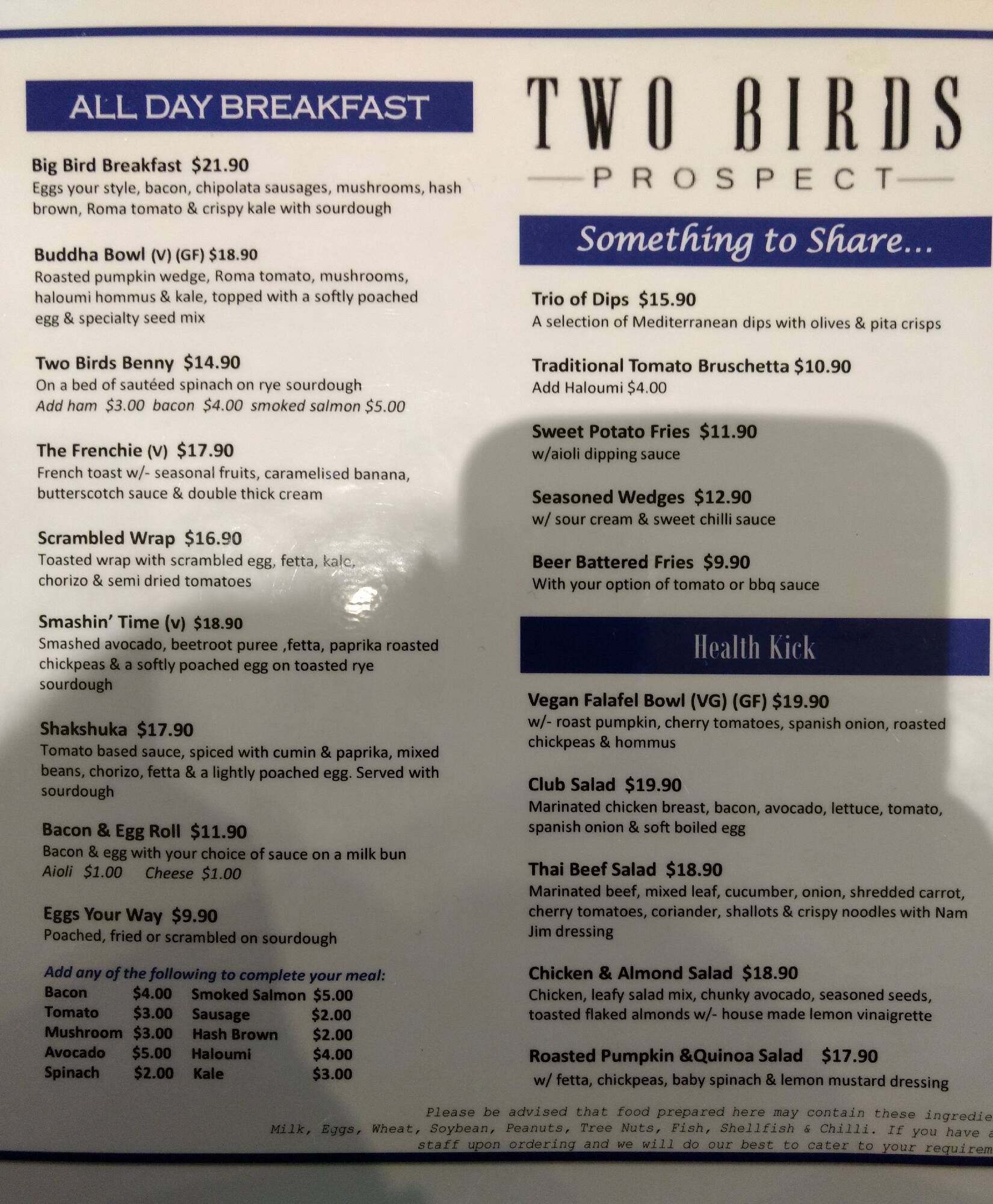 Menu at Two Birds Prospect cafe, Prospect