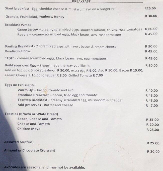 The Handle Bar Cafe Menu, Menu for The Handle Bar Cafe, Foreshore, Cape