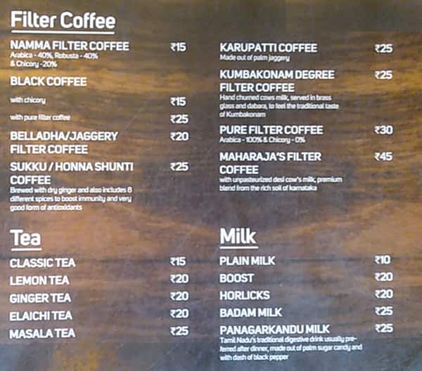 Menu at Namma Filter Coffee Jayanagar, Bengaluru