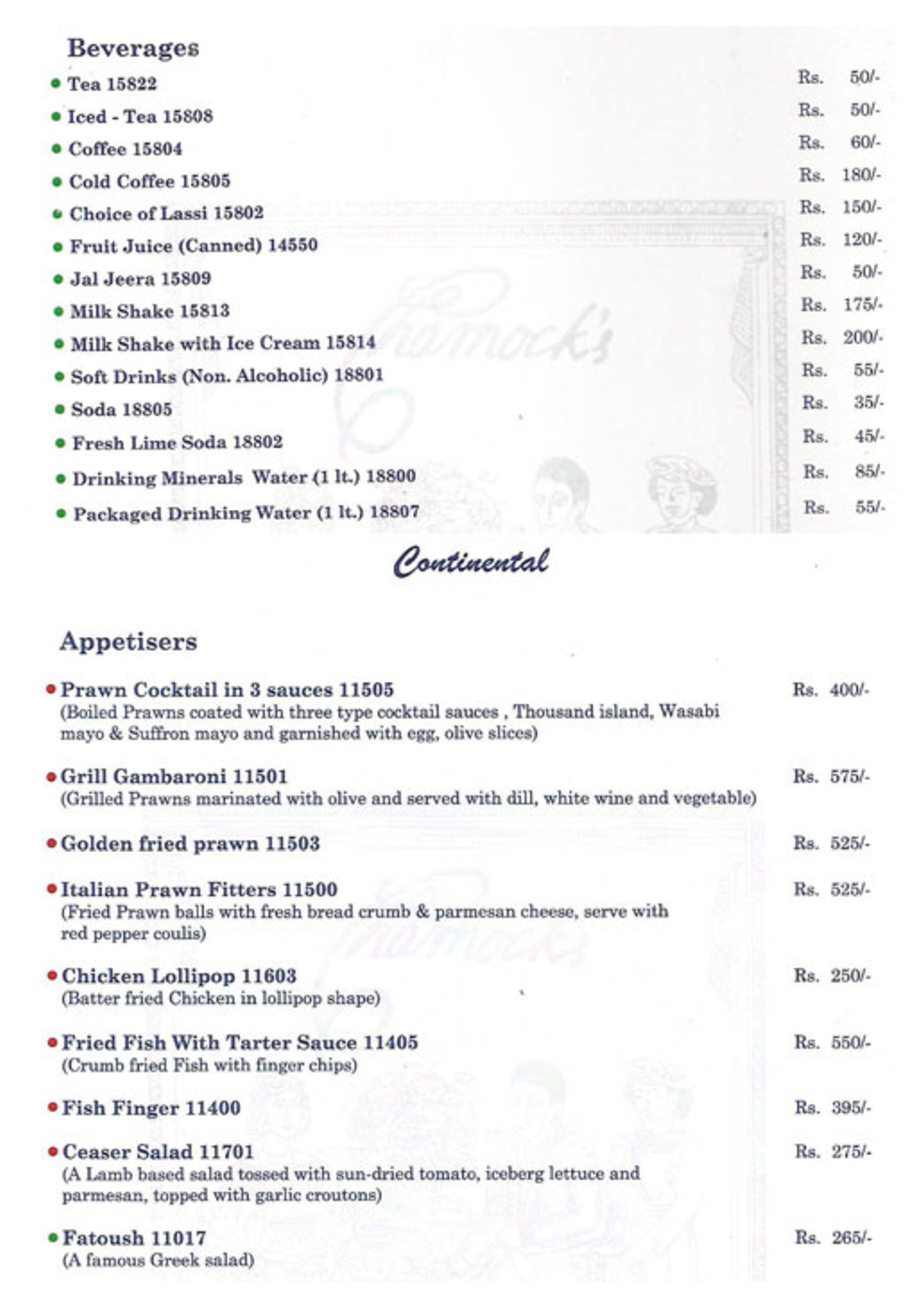 Charnock's Multicuisine Restaurant Salt Lake menu