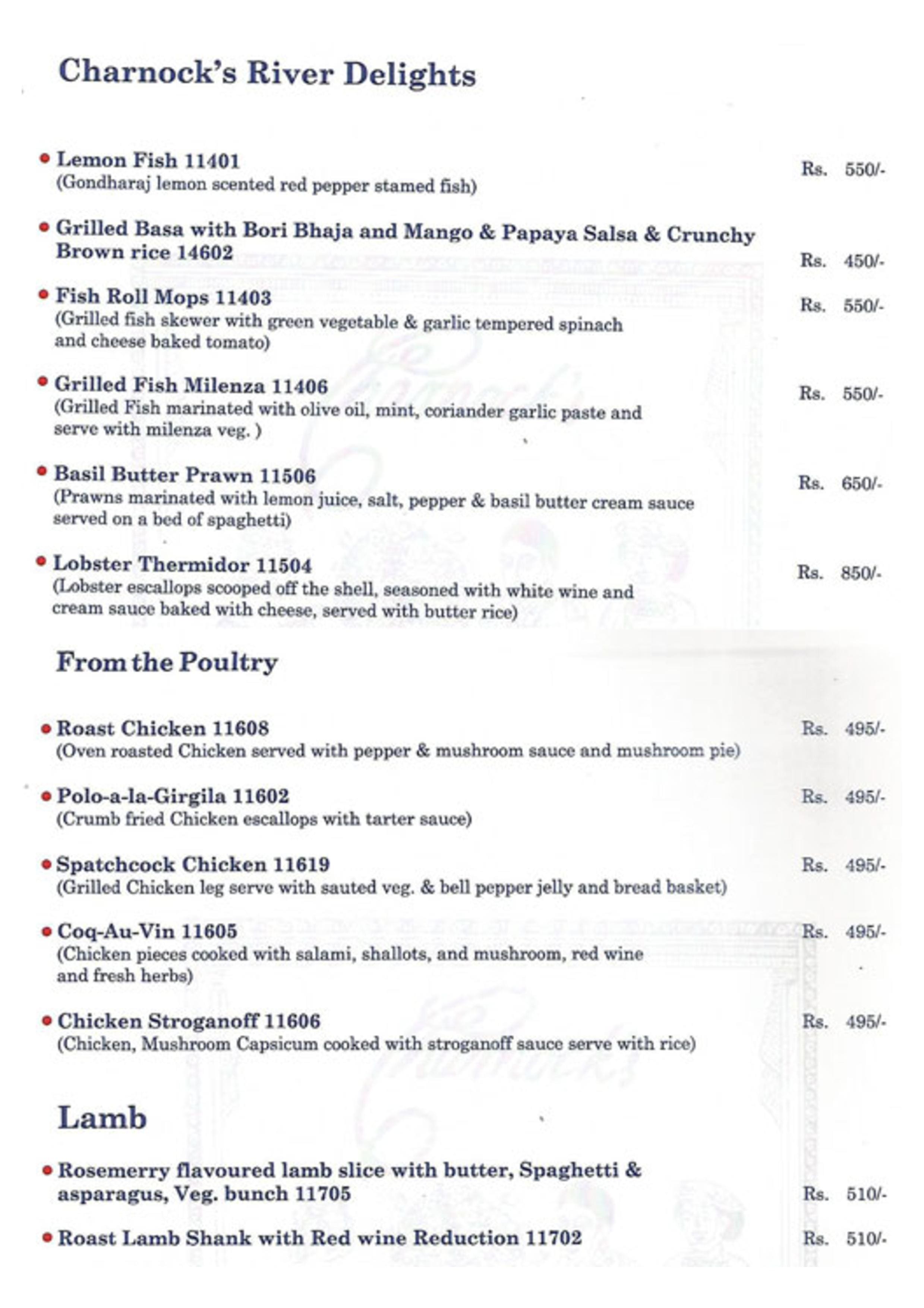 Charnock's Multicuisine Restaurant Salt Lake menu