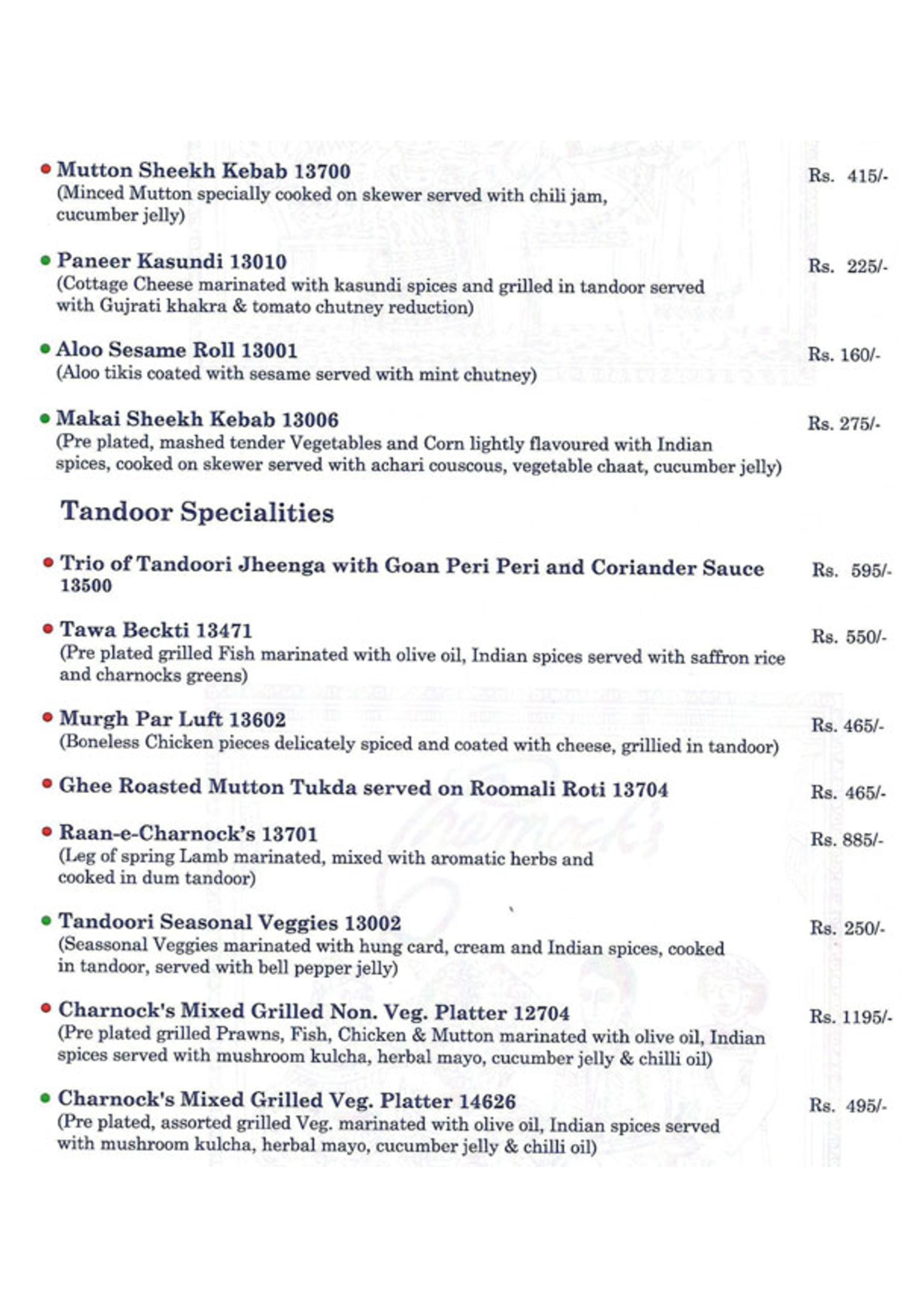 Charnock's Multicuisine Restaurant Salt Lake menu