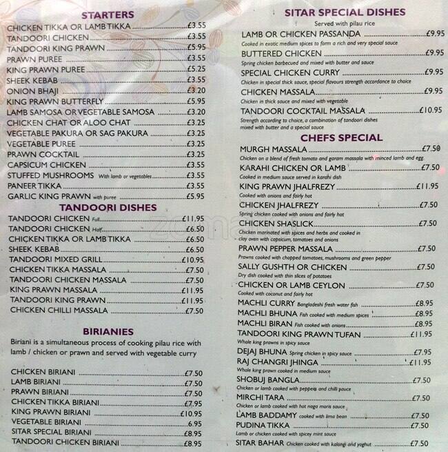 Sitar Menu Menu For Sitar South Norwood London