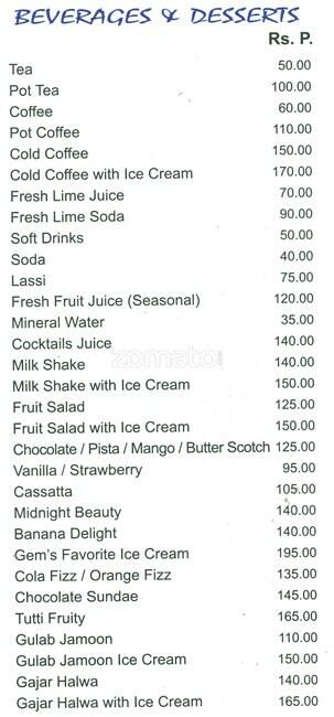 Menu at Prince, Chennai