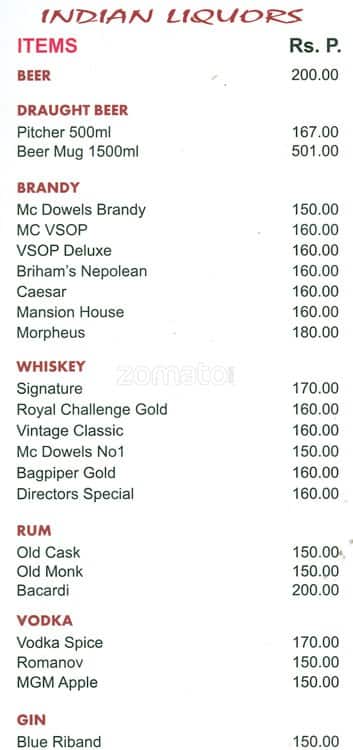 Menu at Prince, Chennai