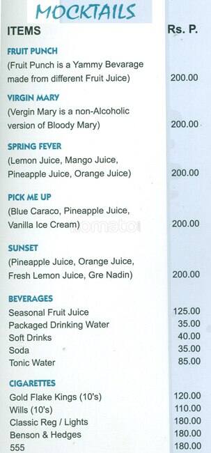 Menu at Prince, Chennai