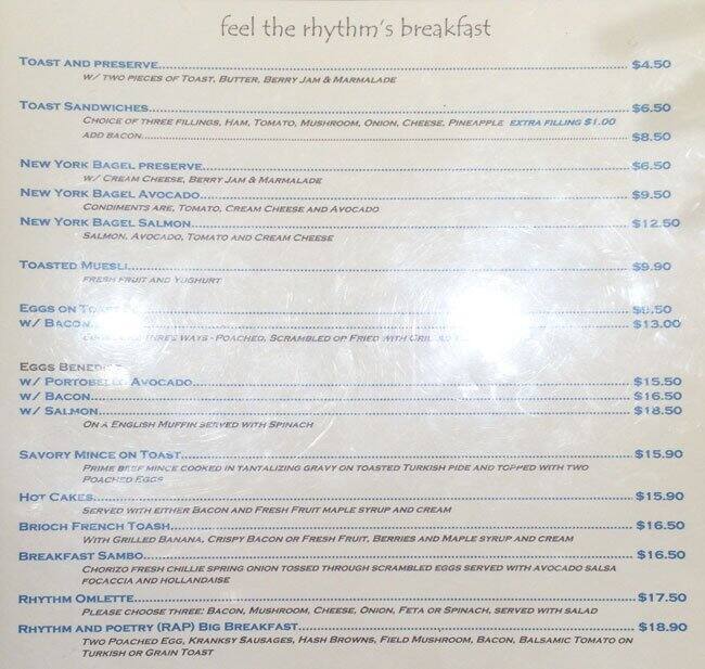Rhythm Cafe Menu, Menu untuk Rhythm Cafe, Mairangi Bay, Auckland