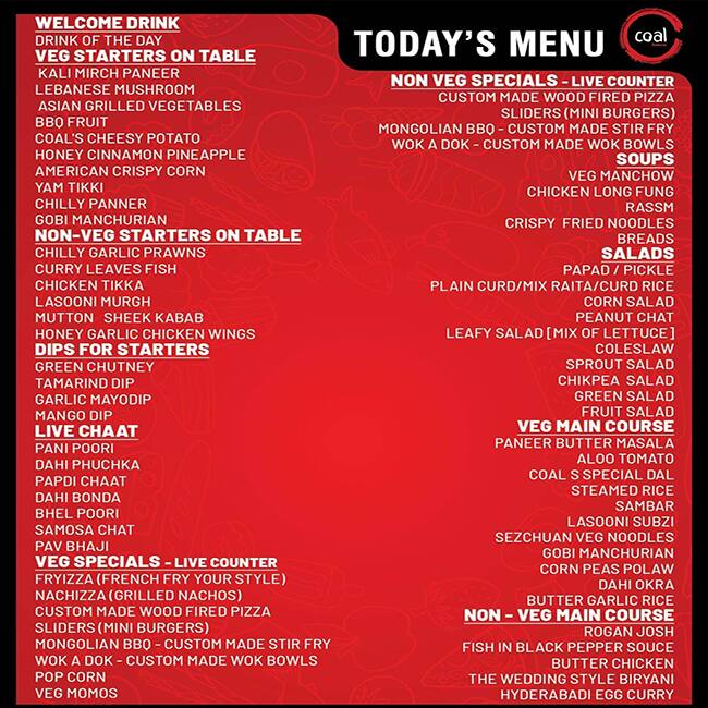 Menu of Coal Barbecues, Velachery, Chennai