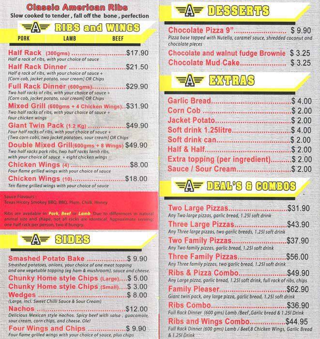 Menu at Arnold's Ribs & Pizza restaurant, Blacktown