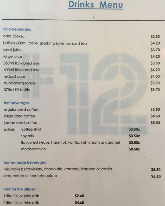 Menu at Number 12 Cafe, Adelaide