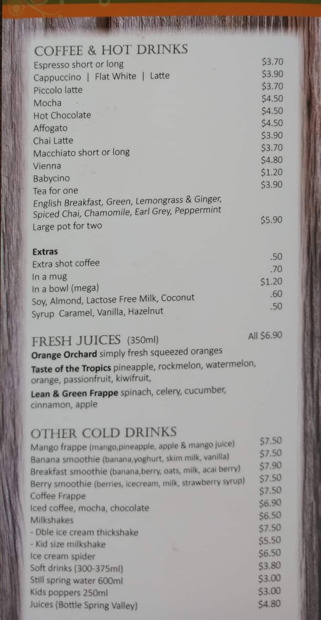 Menu at Harvest Cafe, Victoria Point