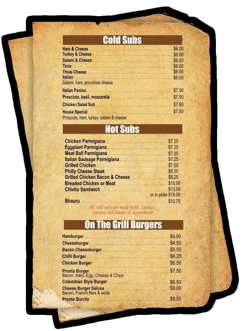 Pronto Cafe menu