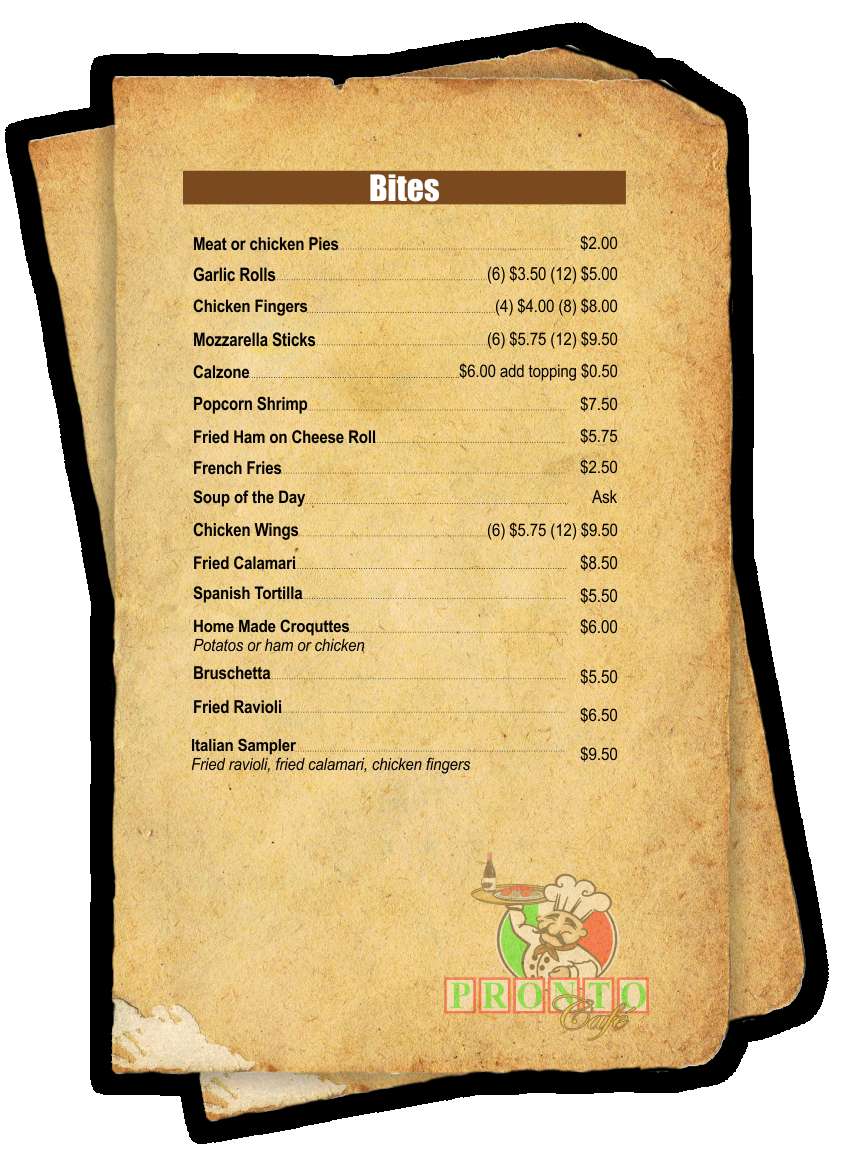 Pronto Cafe menu