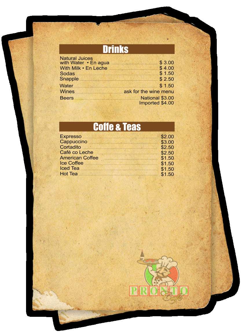 Pronto Cafe menu