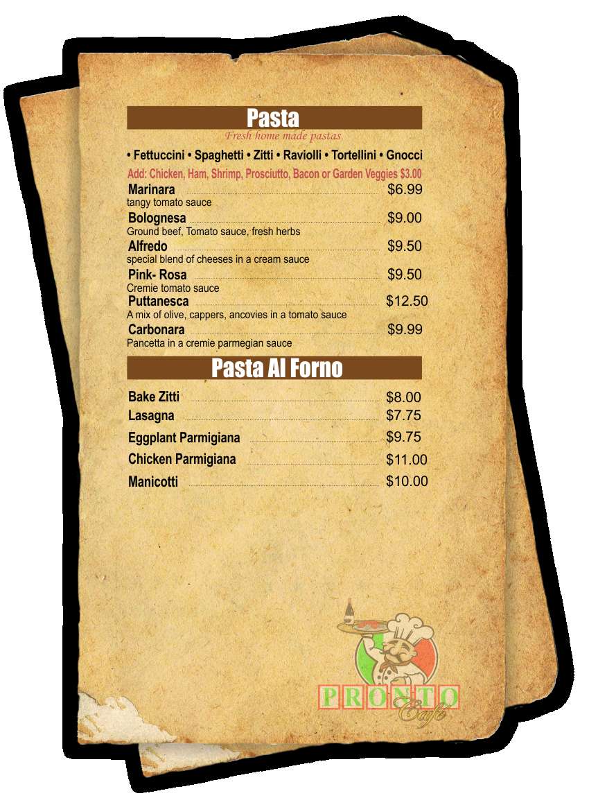 Pronto Cafe menu