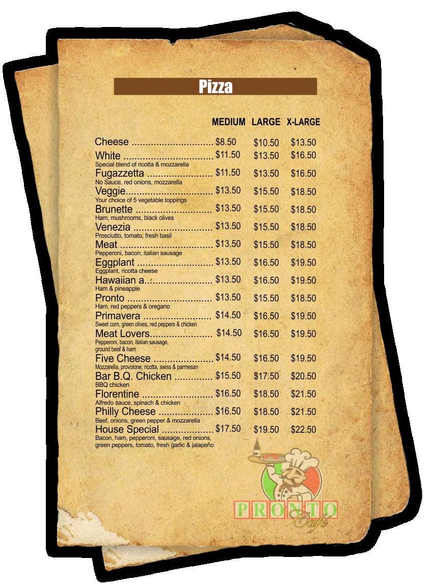 Pronto Cafe menu