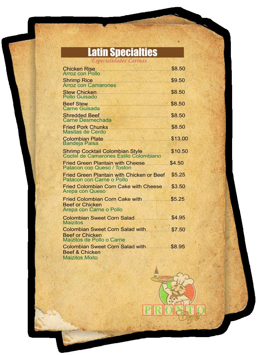 Pronto Cafe menu