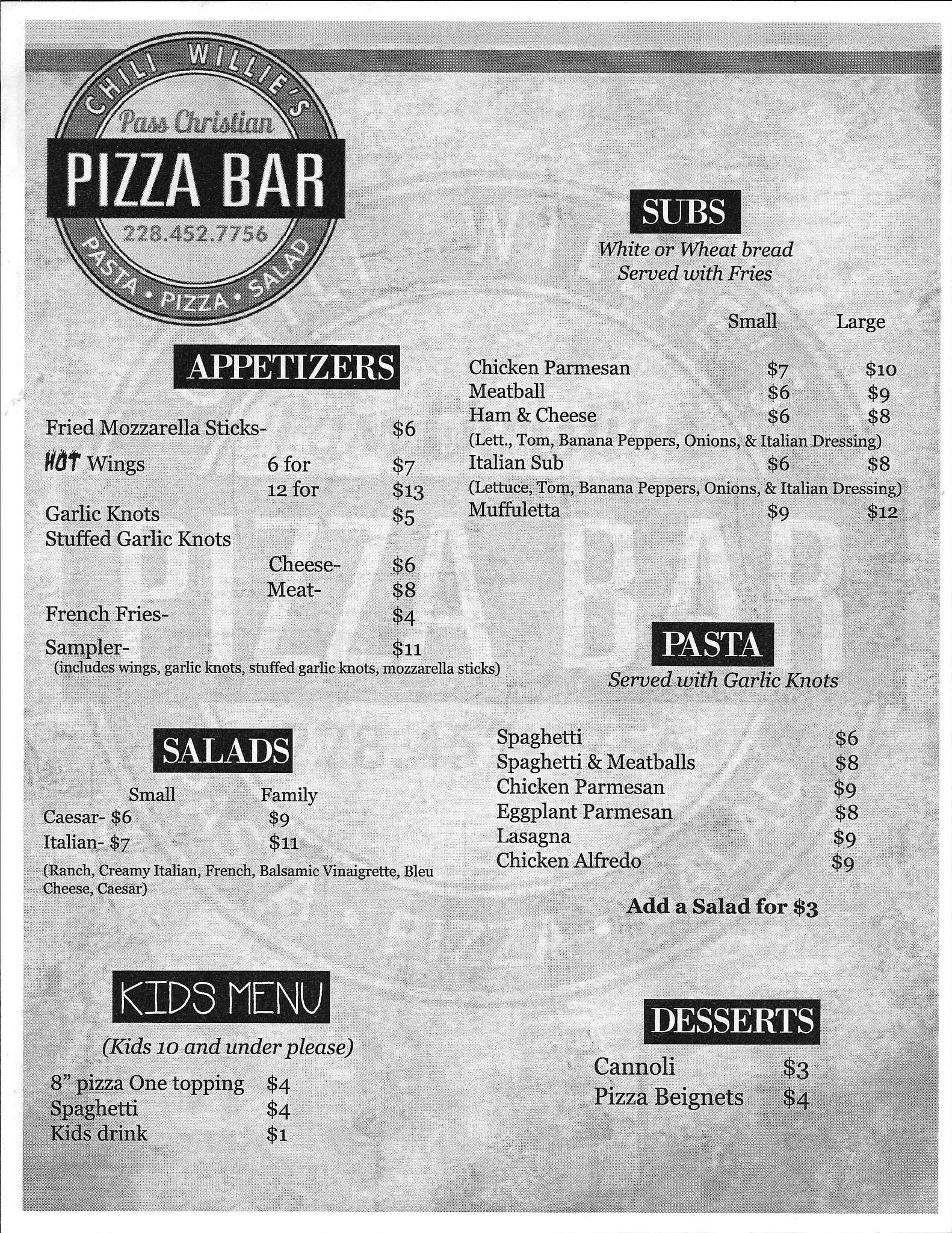 Chili Willie's Pizza Bar Menu Urbanspoon/Zomato