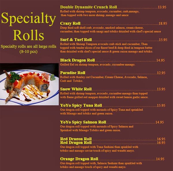 Menu at Yo Yo restaurant, Halton Hills