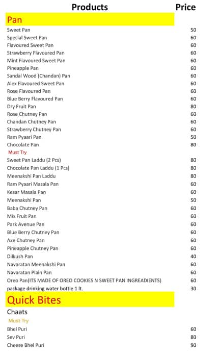 Mayur Pan House menu