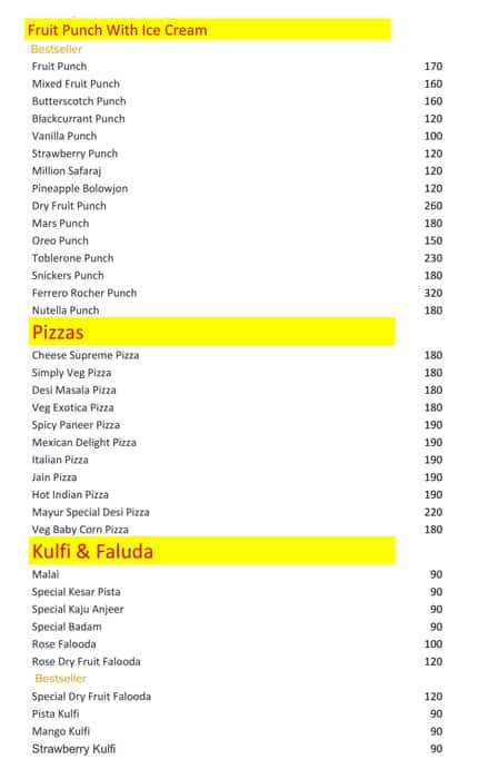 Mayur Pan House menu